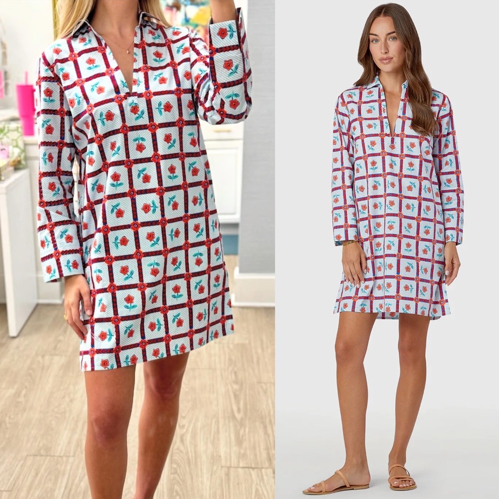 Women's Mini Shirt Dress in White with Red & Teal Floral Grid